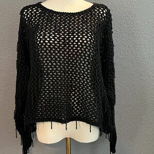 Vintage RAMPAGE PARIS Black Open Knit Boxy Cropped Fringe Beaded Sweater -EUC- L